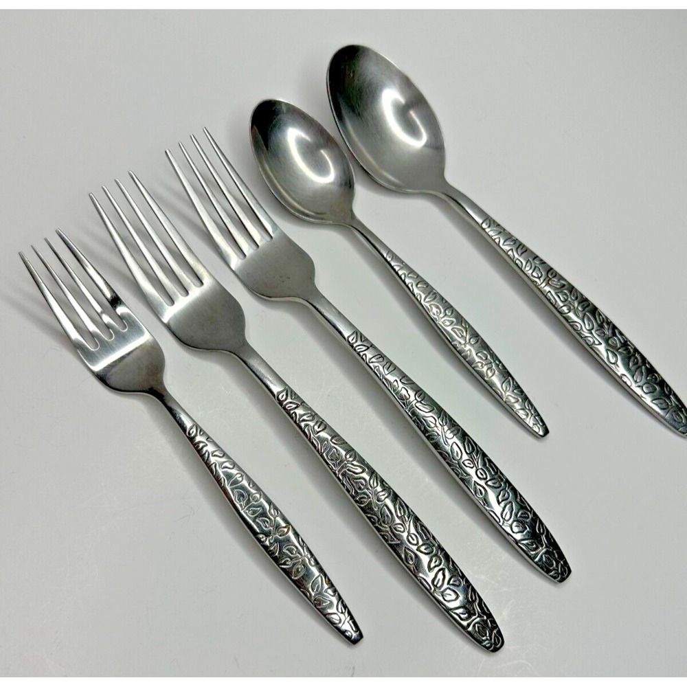 Home Essentials Floral Stainless Flatware Silverware Set of 5 Dinner Fork Spoon